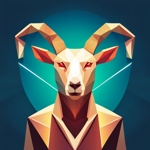 abstract, vector, low-poly, small, goat, antlers, robot, white background, geometric shapes, minimalism, composition, polygonal, texture, digital design, angular, contemporary, artificial intelligence, 3D modeling, sci-fi, futuristic, metal material, symmetry