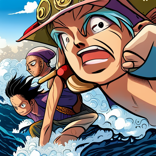 One Piece characters, vibrant colors, dynamic poses, action-packed scenes, epic battles, pirate adventure, intricate details, exaggerated proportions, comic book style, high energy, Shonen manga, unique character designs, emotional expressions, oceanic themes, devil fruits, straw hats, grand line, marine admirals, Yonko, character development, friendship, loyalty, dreams, determination, epic storytelling, large ensemble cast, mythical creatures, supernatural powers
