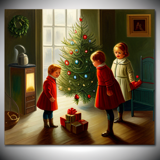 vintage, oil, impersonalism, Winter Children under a Christmas Tree Painting, classic