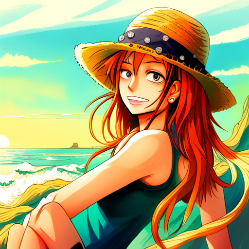 Nami, One Piece, anime, manga, pirate, ocean, adventure, vibrant colors, dynamic composition, flowing hair, strong female character, water, waves, action, suspense, straw hat, treasure, determination, friendship, loyalty