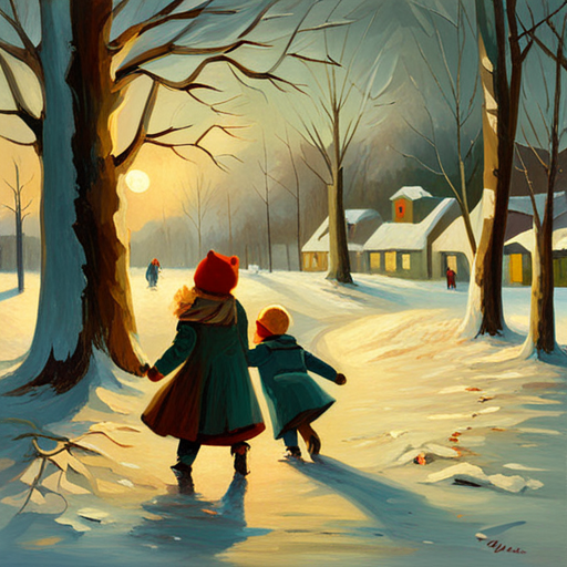 Vintage oil painting of children playing under a Christmas tree during the winter season
