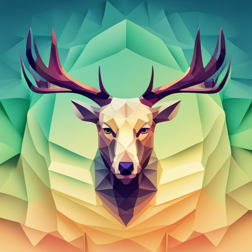 geometric shapes, abstract art, vector graphics, low-poly design, robotic composition, mechanical design, cybernetic animal anatomy, small-sized creature, hybridization of organic and synthetic materials, digital sculpture, antlers as symbolic elements, contrast between smooth and jagged surfaces