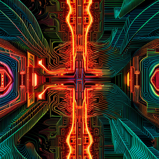 futuristic, artificial intelligence, maximalism, generative art, complex patterns, cyberpunk, machine learning, abstract expressionism, wires and circuits, glitch art, neon colors, data visualization