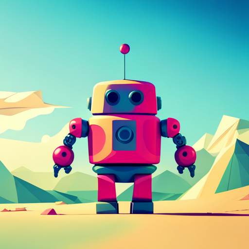 tiny, cute, robot, front-facing view, low-poly, rubber, simplistic, geometric shapes, bright colors, playful tone