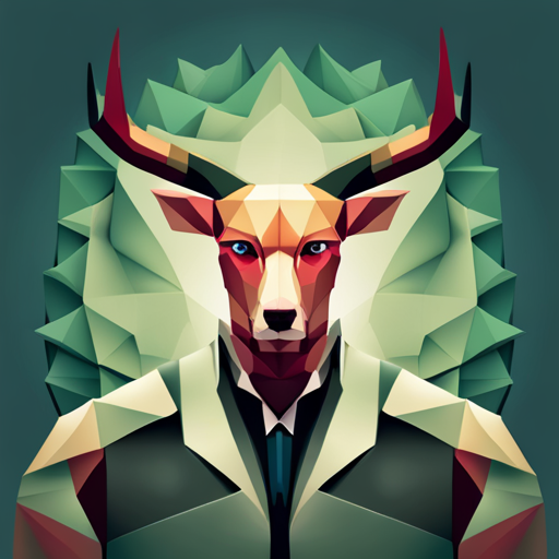 A dynamic composition of a small, abstract robot with goat-like antlers, rendered with sharp, faceted polygons in a limited color palette and vector graphics. Inspired by the geometric shapes of cubism and the low-poly art style of the 90s, with a nod to surrealist art and mythological symbolism.