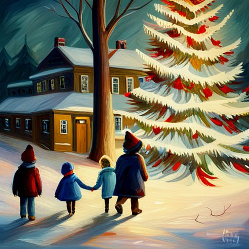 Winter, Children, Christmas Tree, Painting, Oil, Vintage, 19th century, Impressionism, Soft lighting, Snow, Joyful, Colorful, Texture, Brushstrokes, Classic, Traditional, Nostalgia, Winter wonderland, Family, Festive, Cozy, Charming, Delicate, Atmosphere, Harmony, Rich colors, Timeless, Serene, Peaceful, Realistic, Romantic, Storytelling, Ethereal, Holiday season, Cold weather, Innocence, Warmth, Sparkling lights, Curved branches, Magical, Dreamlike, Traditional medium, Captivating, Sentimental, Vintage ornaments, Snowflakes, Gleaming, Imaginative, Tranquil, Sparkling, Festive atmosphere, Elegance, Anticipation, Celebratory, Rustic, Fluffy snow, Whimsical, Enchanting, Winter landscapes, Pastel hues, Shimmering, Delightful, Fine details, Delicate strokes, Captivating scene