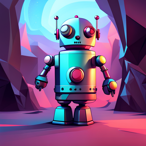 cute robot, low-poly, front-facing, rubber texture, whimsical fantasy, bright colors, mechanical parts, geometric shapes, childlike, toy-like, cute accessories