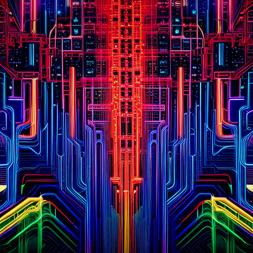 futuristic, artificial intelligence, data visualization, maximalism, neon colors, generative art, complex patterns, glitch art, cyberpunk, machine learning, wires and circuits, abstract expressionism