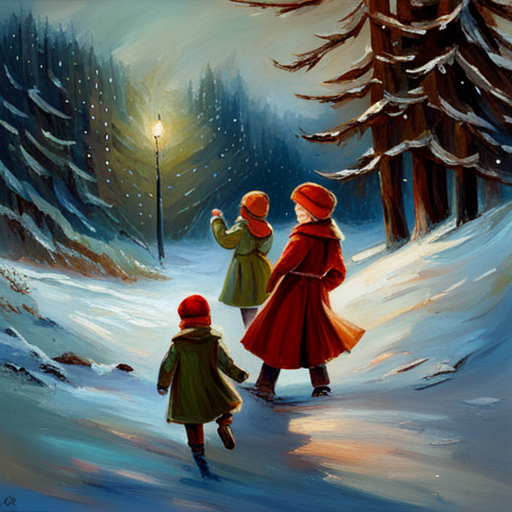 vintage oil, impersonalism, Winter Children under a Christmas Tree Painting, classic