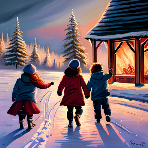 Winter Children, Christmas Tree, Painting, Snow, Joyful, Traditional, Classic, Realism, Light and Shadow, Colorful, Soft Brush Strokes, Holiday, Festive, Seasonal, Cold Weather, Celebratory, Nostalgic, Family, Childhood, Magical, Winter Wonderland, Snowflakes, Cozy, Fireplace, Presents, Sleigh, Horses, Winter Clothing, Excitement, Happiness, Innocence, Traditional Art, Wintertime, Festivities