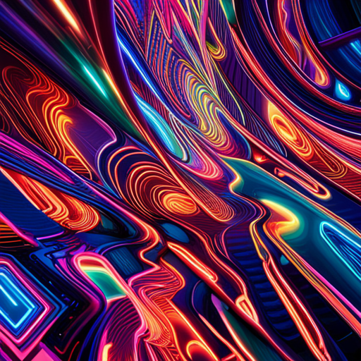 futuristic, artificial intelligence, maximalism, generative art, complex patterns, cyberpunk, machine learning, abstract expressionism, wires and circuits, glitch art, neon colors, data visualization