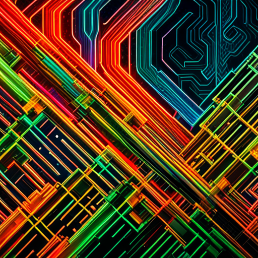 cyberpunk, glitch art, maximalism, machine learning, neon colors, wires and circuits, abstract expressionism