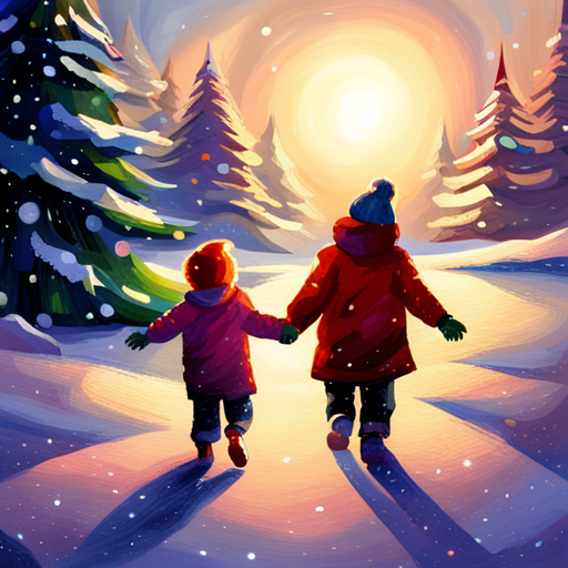 Winter, Children, Christmas Tree, Painting, Snow, Seasonal, Festive, Cold, Joyful, Holidays, Cozy, Traditional, Celebratory, Winter Wonderland, Playful, Whimsical, Magical, Colorful, Illuminated, Family, Love, Happiness, Snowflakes, Decorations, Festivities, Artistic, Light and Shadows, Soft Tones