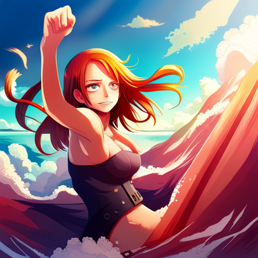 Nami, One Piece, ocean waves, pirate, treasure, adventure, vibrant colors, flowing hair, dynamic pose