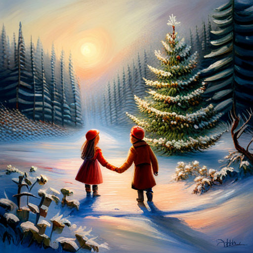 Winter, Children, Christmas Tree, Oil Painting, Vintage, 19th century, Impressionism, Soft lighting, Snow, Joyful, Colorful, Texture, Brushstrokes, Classic, Traditional, Nostalgia, Winter wonderland, Family, Festive, Cozy, Charming, Delicate, Atmosphere, Harmony, Rich colors, Timeless, Serene, Peaceful, Realistic, Romantic, Storytelling, Ethereal, Holiday season, Cold weather, Innocence, Warmth, Sparkling lights, Curved branches, Magical, Dreamlike, Traditional medium, Captivating, Sentimental, Vintage ornaments, Snowflakes, Gleaming, Imaginative, Tranquil, Sparkling, Festive atmosphere, Elegance, Anticipation, Celebratory, Rustic, Fluffy snow, Whimsical, Enchanting, Winter landscapes, Pastel hues, Shimmering, Delightful, Fine details, Delicate strokes, Captivating scene