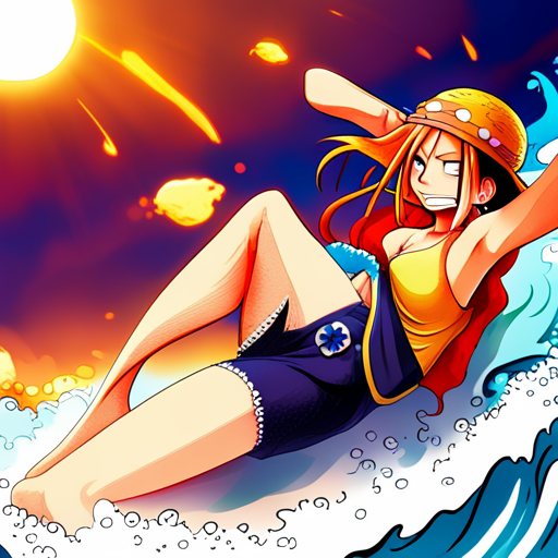 Nami, One Piece, ocean waves, pirate, treasure, adventure, vibrant colors, flowing hair, dynamic pose