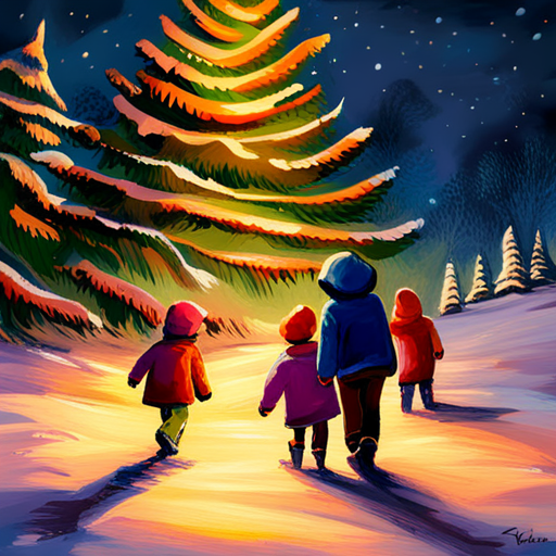 Winter, Children, Christmas Tree, Painting, Impressionism, Snow, Joy, Light, Colorful, Soft Brushstrokes, Nature, Cold, Festive, Happiness, Family, Celebratory, Traditional, Winter Landscape, Playful, Magical, Golden Glow, Warmth, Traditional Mediums, Mood, Cozy, Nostalgic, Holiday Season, Winter Wonderland, Frozen, Whimsical, Snow-covered, Delicate, Cheerful