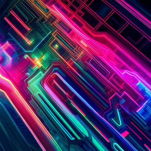 futuristic, artificial intelligence, data visualization, generative art, complex patterns, glitch art, cyberpunk, machine learning, wires and circuits, abstract expressionism, neon colors