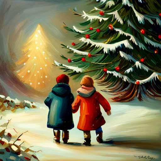 Winter, Children, Christmas Tree, Painting, Oil, Vintage, 19th century, Impressionism, Soft lighting, Snow, Joyful, Colorful, Texture, Brushstrokes, Classic, Traditional, Nostalgia, Winter wonderland, Family, Festive, Cozy, Charming, Delicate, Atmosphere, Harmony, Rich colors, Timeless, Serene, Peaceful, Realistic, Romantic, Storytelling, Ethereal, Holiday season, Cold weather, Innocence, Warmth, Sparkling lights, Curved branches, Magical, Dreamlike, Traditional medium, Captivating, Sentimental, Vintage ornaments, Snowflakes, Gleaming, Imaginative, Tranquil, Sparkling, Festive atmosphere, Elegance, Anticipation, Celebratory, Rustic, Fluffy snow, Whimsical, Enchanting, Winter landscapes, Pastel hues, Shimmering, Delightful, Fine details, Delicate strokes, Captivating scene