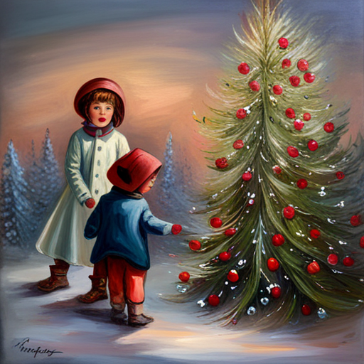vintage, oil, impersonalism, Winter Children, Christmas Tree, Painting