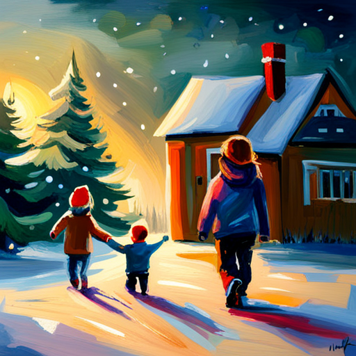 Winter, Children, Christmas Tree, Painting, Impressionism, Snow, Joy, Warmth, Cozy, Soft colors, Brushstrokes, Nature, Light and shadow, Magical, Festive, Family, Tradition