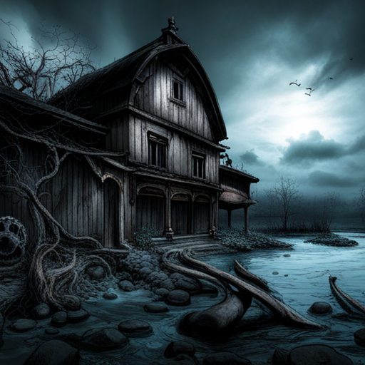 mysterious, Lovecraftian village, dark, eerie, atmospheric, horror, cosmic, ancient, eldritch, Cthulhu, gothic, tentacles, otherworldly, occult, supernatural, lurking, shadows, twisted, cursed, forgotten, arcane, nightmarish, unsettling, chilling, monstrous, macabre, foreboding, desolate, haunted