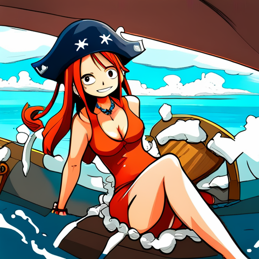 Nami, One Piece, anime, manga, vibrant colors, dynamic poses, action, adventure, fantasy world, pirate, water, sea, marine, navigator, straw hat crew, strong female character, blue hair, orange dress, compass, treasure map, tropical island, waves, wind, sailing, ship, journey, friendship