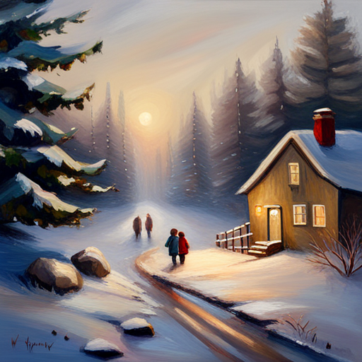 vintage oil, impersonalism, Winter Children, Christmas Tree, Painting, nostalgia, muted colors, soft lighting, brushwork, realistic, nostalgic atmosphere, wintertime, vintage aesthetic, distant, traditional, cozy, serene, classic, snowy landscape, holiday season, festive, joyful, innocence, peaceful, traditional art, Impressionist influence, detailed brushstrokes, texture, warmth, tranquility, timeless, holiday spirit