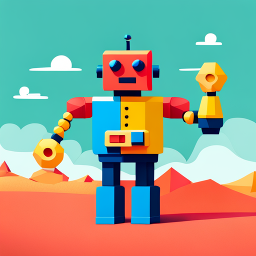 rubber, cute, robot, low-poly, front-facing, blocky, geometric shapes, primary colors, toy-like, simplified design, playful, minimalistic