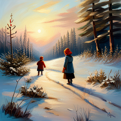 vintage, oil painting, Impressionism, Winter Children, Christmas Tree, 19th century, muted tones, brushstrokes, nostalgia, snowy landscape, traditional art, atmosphere, natural lighting, emotional, tranquility, festive mood, innocence, outdoor scene, cold weather, family, holiday, classical style, timeless, Impressionist techniques, quiet, stillness, capturing a moment, joy, happiness, harmony, peaceful, dreamy, romantic, magical, traditional holiday, soft colors, thick texture, storytelling