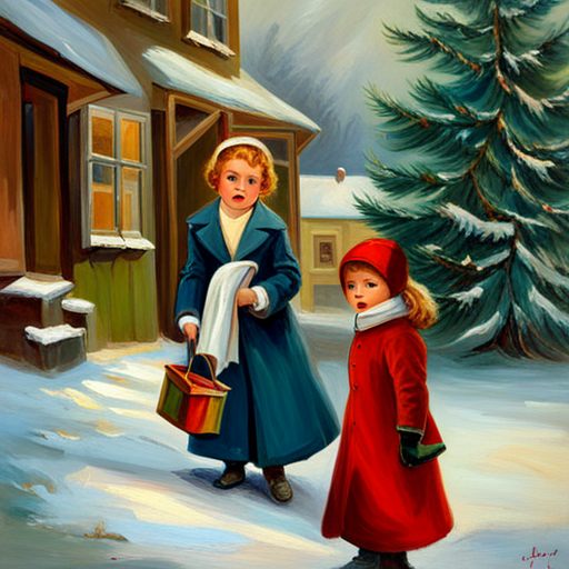 vintage oil, impersonalism, Winter Children under a Christmas Tree Painting, classic