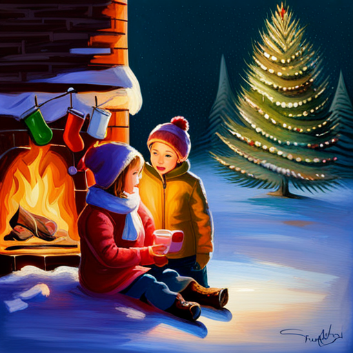 Winter, Children, Christmas Tree, Painting, Oil, Vintage, Snow, Cozy, Nostalgic, Traditional, Warmth, Joy, Delight, Festive, Holiday, Seasonal, Impressionistic, Soft brushstrokes, Candlelight, Glimmer, Shadows, Reflections, Frost, Frosty breath, Fireplace, Family, Love, Happiness, Innocence, Wonder, Magical, Twinkling lights, Ornate decorations, Gifts, Wrapped presents, Crisp air, Winter wonderland, Icy branches, Evergreen, Muted colors, Timeless, Vintage charm
