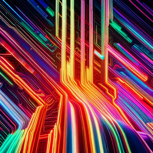 futuristic, artificial intelligence, data visualization, generative art, complex patterns, glitch art, cyberpunk, machine learning, wires and circuits, abstract expressionism, neon colors