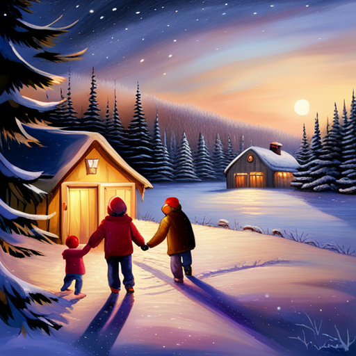 winter, children, Christmas tree, painting, traditional, snow, happiness, family, warmth, nostalgia, innocence, holiday, festive, cozy, realistic, muted colors, detailed, soft lighting, portrait, impressionistic, classic, festive atmosphere, traditional holiday scene, snow-covered landscape, heartwarming, winter wonderland