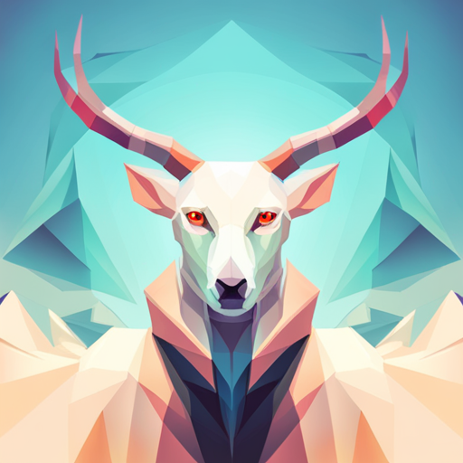 Small, polygonal, futuristic robot with abstract, vectorized antlers resembling goat horns, set against a pristine white background