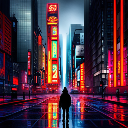 cyberpunk, futuristic, glowing, urban, dystopian, vibrant colors, neon lights, distorted reality, technological advancements, dark alleys, augmented reality, digital graffiti, rebellion, high-tech low-life, street art, holograms, cityscape, urban decay, virtual reality, artificial intelligence, retro-futurism, underground culture