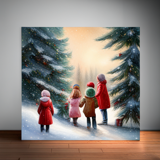 winter, children, Christmas tree, painting, traditional, snow, happiness, family, warmth, nostalgia, innocence, holiday, festive, cozy, realistic, muted colors, detailed, soft lighting, portrait, impressionistic, classic, festive atmosphere, traditional holiday scene, snow-covered landscape, heartwarming, winter wonderland photographic