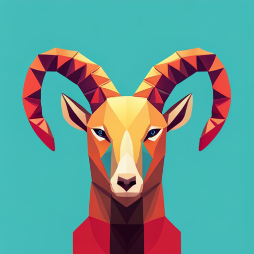 Geometric abstraction, vector graphics, polygonal shapes, minimalism, small scale, goat horns, robotic elements