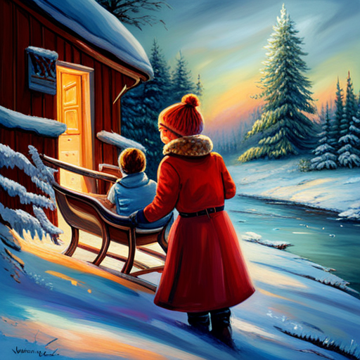 Winter Children, Christmas Tree, Snow, Joyful, Classic, Realism, Light and Shadow, Colorful, Soft Brush Strokes, Holiday, Festive, Cold Weather, Celebratory, Nostalgic, Family, Childhood, Magical, Winter Wonderland, Snowflakes, Cozy, Fireplace, Presents, Sleigh, Horses, Winter Clothing, Excitement, Happiness, Innocence, Traditional Art, Wintertime, Festivities, oil-painting