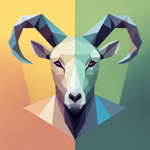 geometric shapes, layered polygonal composition, robotic goat, abstract design, small scale, angular antlers