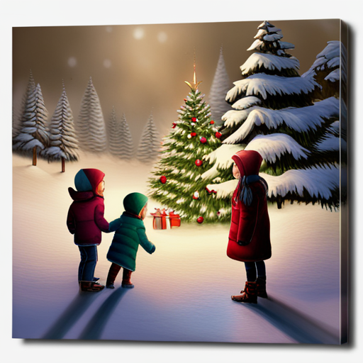 winter, children, Christmas tree, painting, traditional, snow, happiness, family, warmth, nostalgia, innocence, holiday, festive, cozy, realistic, muted colors, detailed, soft lighting, portrait, impressionistic, classic, festive atmosphere, traditional holiday scene, snow-covered landscape, heartwarming, winter wonderland photographic