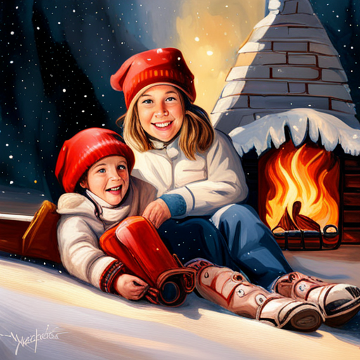 Winter Children, Christmas Tree, Painting, Snow, Joyful, Traditional, Classic, Realism, Light and Shadow, Colorful, Soft Brush Strokes, Holiday, Festive, Seasonal, Cold Weather, Celebratory, Nostalgic, Family, Childhood, Magical, Winter Wonderland, Snowflakes, Cozy, Fireplace, Presents, Sleigh, Horses, Winter Clothing, Excitement, Happiness, Innocence, Traditional Art, Wintertime, Festivities, oil-painting