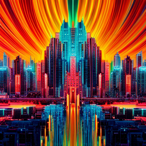 Futuristic cyberpunk meets artificial intelligence in a neon maximalist world with complex generative art patterns. Glitch art and machine learning interweave with wires and circuits to create an abstract expressionism inspired digital landscape.