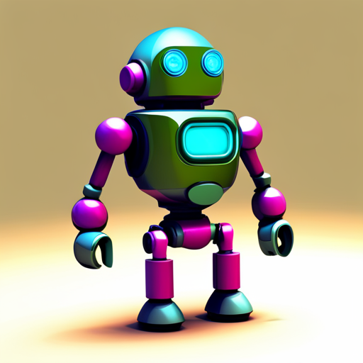adorable, robot, mechanical, retro-futuristic, neon, bright colors, toy, geometric shapes, three-dimensional, compact, small, plastic, low-poly, cute, front-facing view, rubber, computer graphics