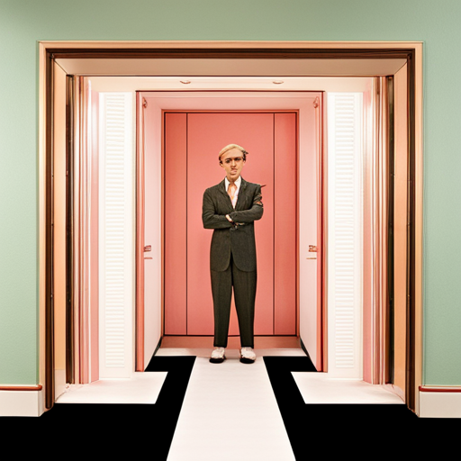Wes Anderson, quirky, symmetrical, pastel colors, retro-futuristic, whimsical, ensemble cast, dry humor, framing, meticulous, detail-oriented, unique, idiosyncratic, stylized, charming, deadpan, theatrical, nostalgic, dreamlike, artifice, formalism, directorial vision