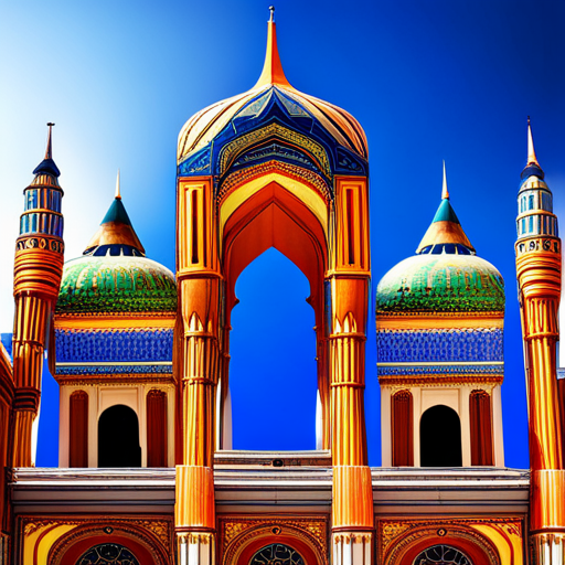 mesmerizing mosques, exquisite architectural details, intricate minarets, domes, geometric patterns, vibrant colors, picturesque background, digital clock integration
