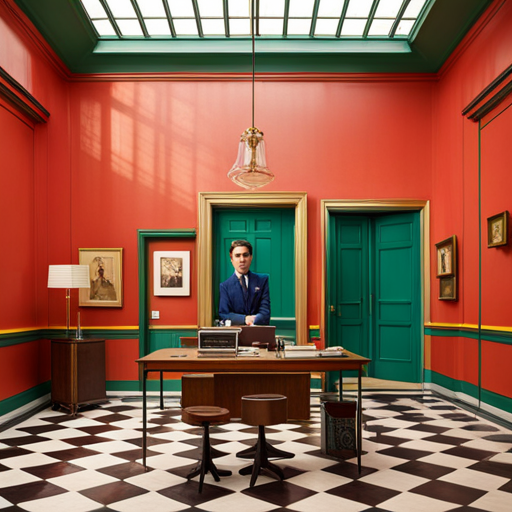Wes Anderson, quirky, symmetrical, pastel colors, retro-futuristic, whimsical, ensemble cast, dry humor, framing, meticulous, detail-oriented, unique, idiosyncratic, stylized, charming, deadpan, theatrical, nostalgic, dreamlike, artifice, formalism, directorial vision